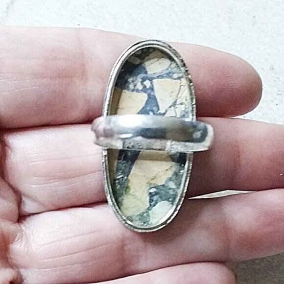 HUGE! Minimalist Maligano Jasper Ring 925 Sz 9.25! Sandy Beige Gray Color Scheme - Picture 7 of 12